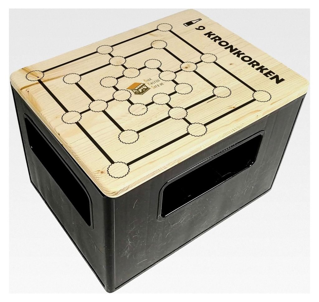 Outdoor Hocker, Sitzauflage aus Holz für Getränkekisten - Partyspiel - 9 Kronkorken - inkl. Spielfiguren
