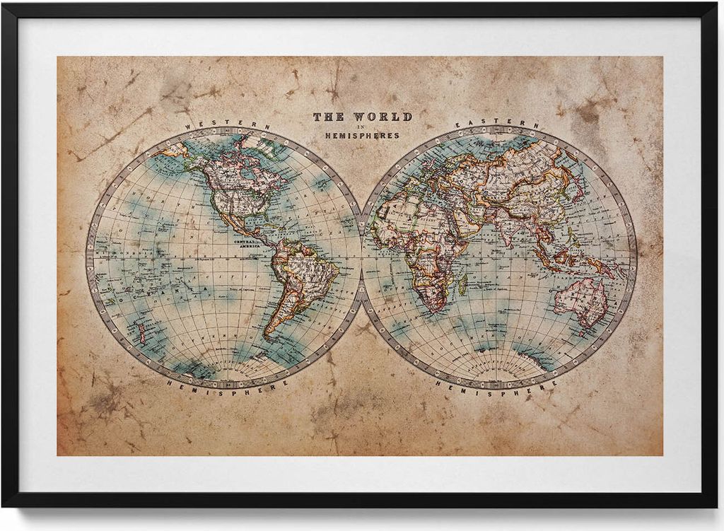 Alte Weltkarte– Wandbild mit Rahmen – Gerahmtes Bild – Wanddekoration – 100x70 cm – Schwarz Rahmen