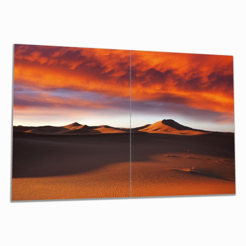 Wallario Herdabdeckplatte aus Glas, Größe 80 x 52 cm 2-teilig, Motiv Sahara Wüste II - Sanddünen im Sonnenuntergang