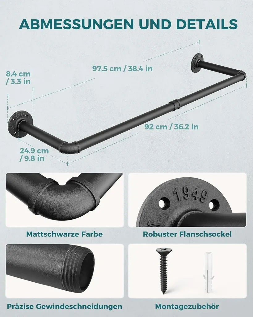 Barre de penderie murale 97cm acier noir design industriel chic
