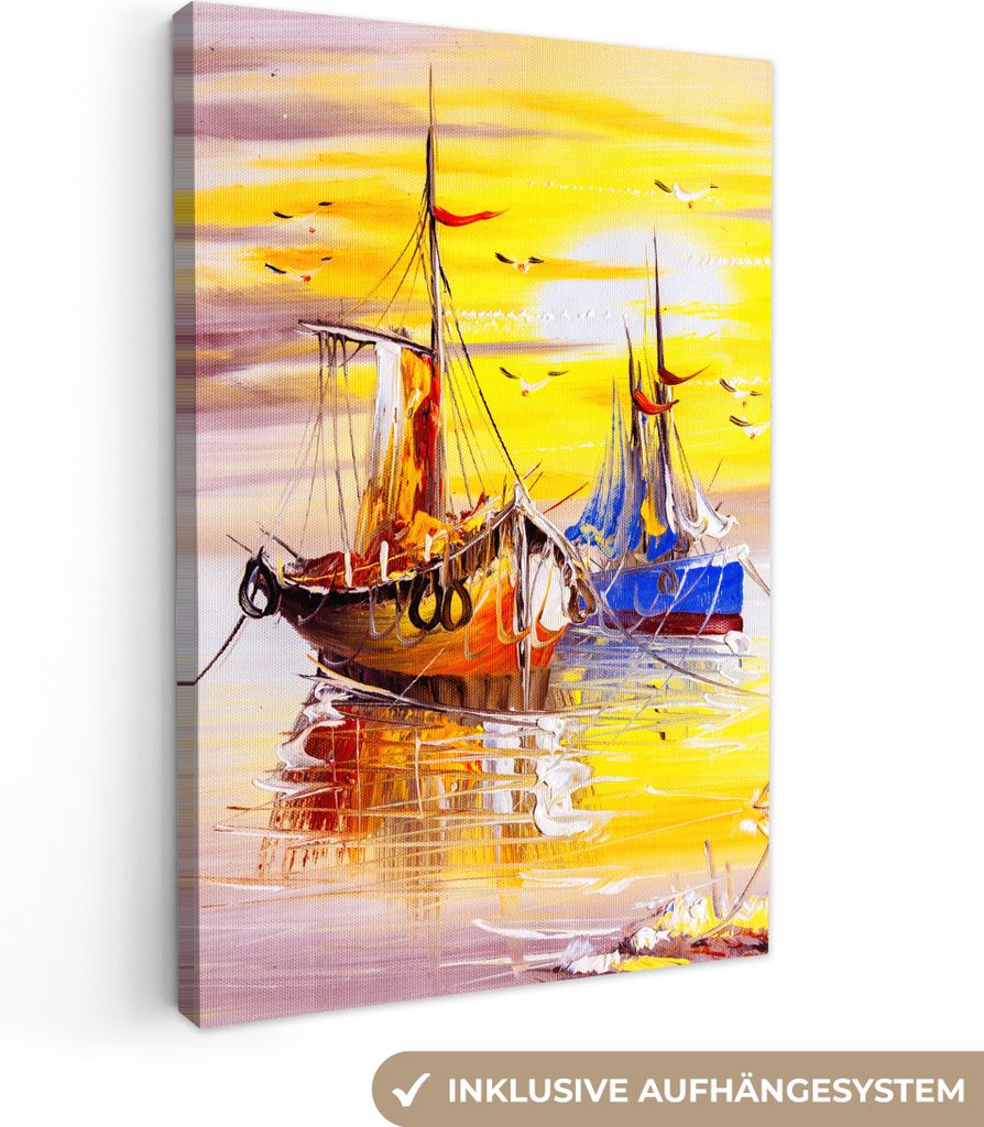 MuchoWow - Leinwandbilder - Malerei - Boot - Wasser - Ölfarbe, Wandbild, Wanddeko Bilder Wohnzimmer, 60x90 cm