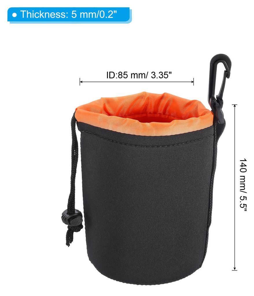Kamera-Objektivtasche, 2 Stš¹ck 3,3" ID x 5,5" H Zugband-Objektivbeutel mit dickem schš¹tzendem Neopren, Objektivtasche Schwarz, Orange