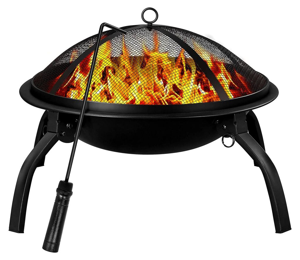 2 in 1 Feuerschalen für den Garten klappbare Feuerstelle mit Funkenschutz, Kohlerost und Feuerhaken, abnehmbare Metallschale für Heizung, Terrass...