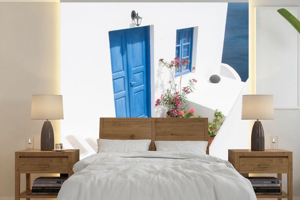 MuchoWow Fototapete für Wohnzimmer oder Schlafzimmer Wandtapete Vinyl Motivtapete Architektur - Blau - Weiß - Tür - 220x220 cm - Tapeten
