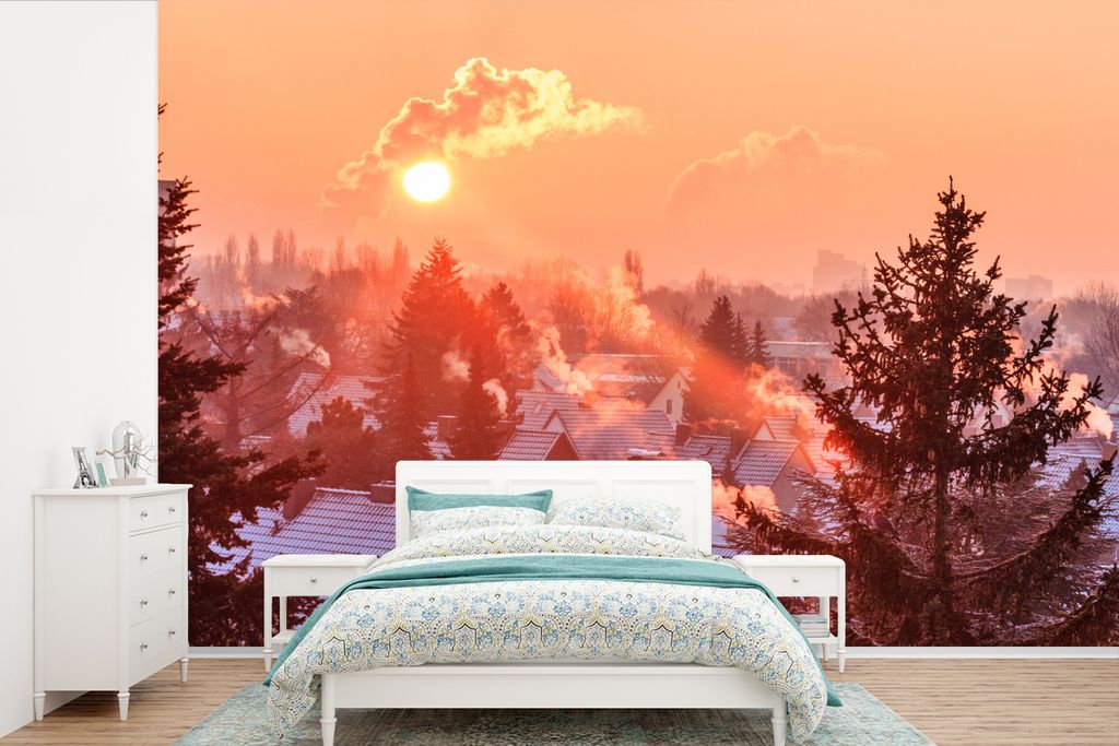 MuchoWow Fototapete für Wohnzimmer oder Schlafzimmer Wandtapete Vinyl Motivtapete Morgenrot über einer Stadt in Hannover - 600x400 cm - Vinylta...