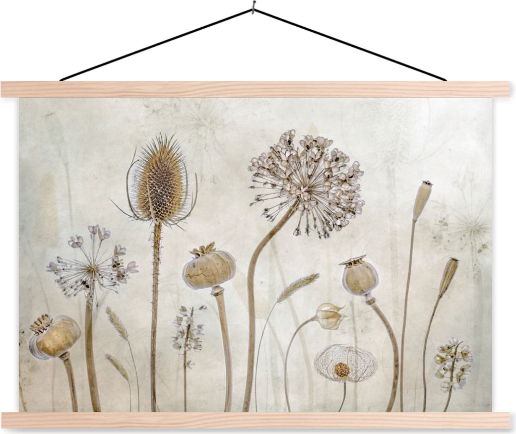 MuchoWow Textilposter Blumen - Aquarell - Stilleben - Braun - Vintage 150x100 cm mit holzfarbenen Rahmen - Posters