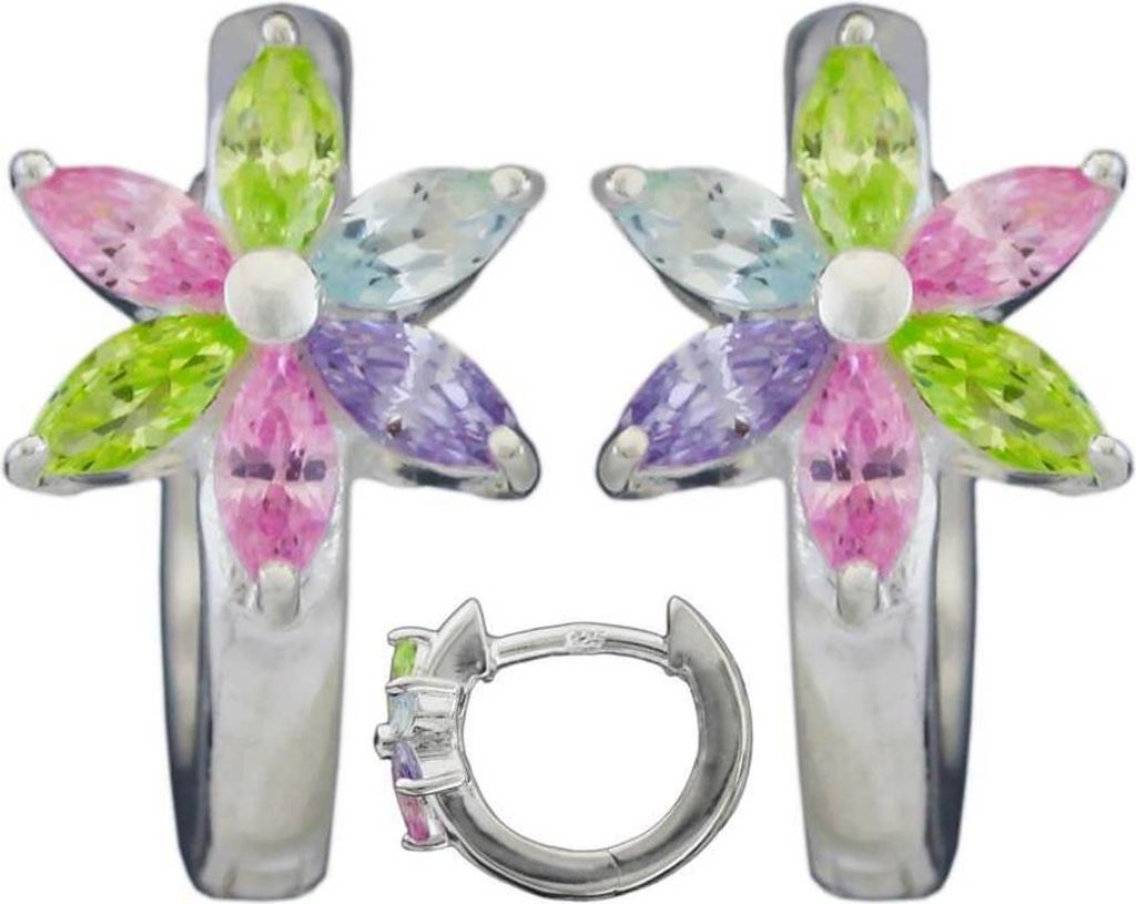 Paar Creolen Ohrringe 13x1,7mm Blüte Zirkonia farbig 925 Silber glänzend Kinder