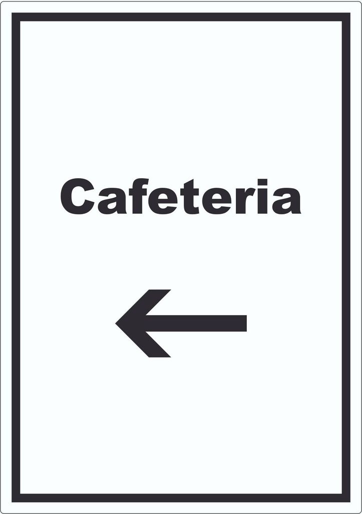 Cafeteria Aufkleber mit Text und Richtungspfeil links Selbstbedienung hochkant A5 (148x210mm)
