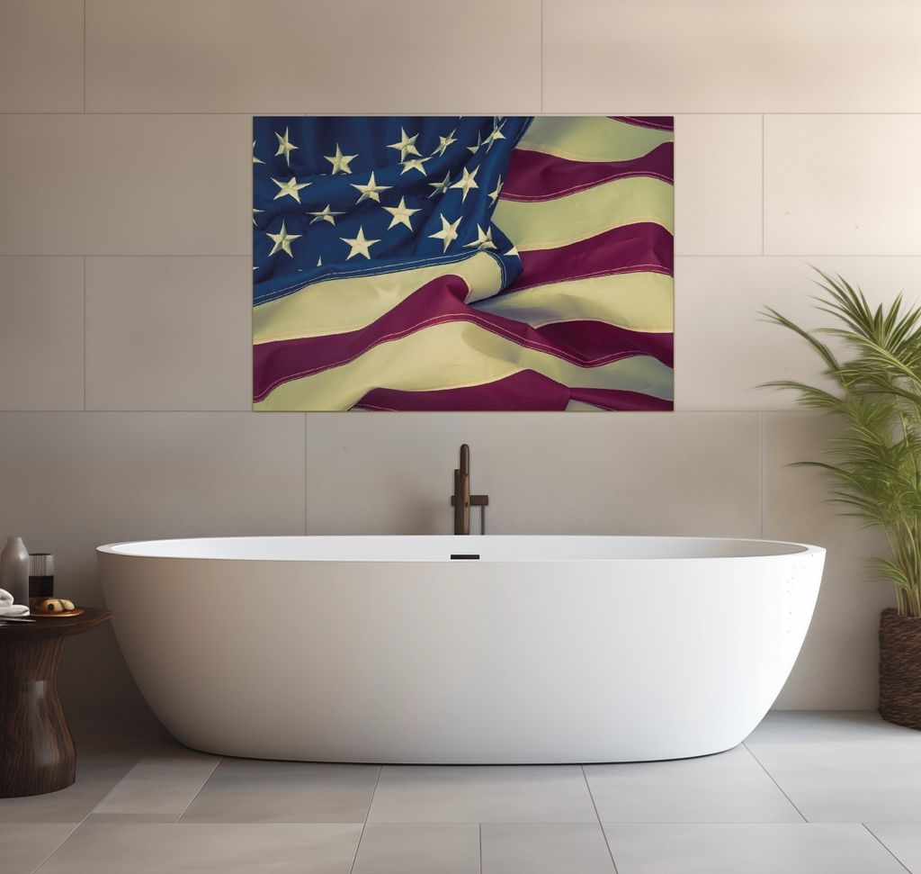 Wallario wasserfestes Poster selbstklebend 70 x 100 cm, Amerikanische Flagge im Wind, Badezimmerposter Spritzschutz mit Hochglanzoberfläche in Gla...