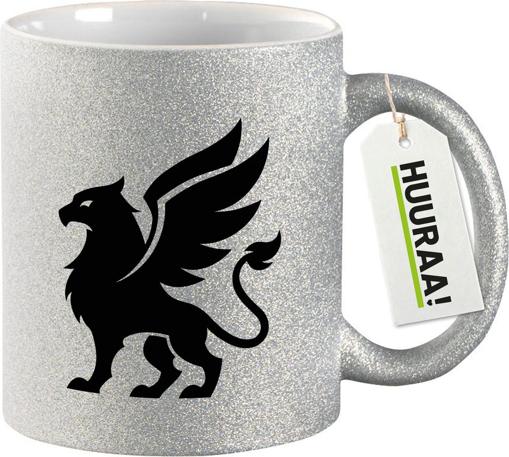 Huuraa Glitzertasse Greif Silhouette 330ml Silber Keramik Kaffeebecher Geschenkidee