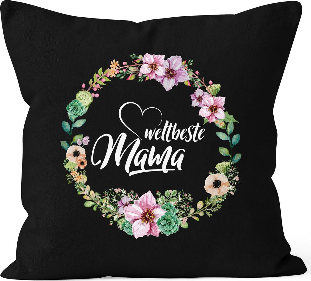 Kissenbezug Weltbeste Mama Blumen Geschenk für Mutter Muttertag 40x40 Baumwolle MoonWorks schwarz unisize