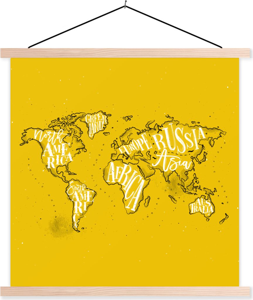 MuchoWow Textilposter Weltkarte - Gelb - Weiß - Buchstaben 60x60 cm mit holzfarbenen Rahmen - Wanddekoration