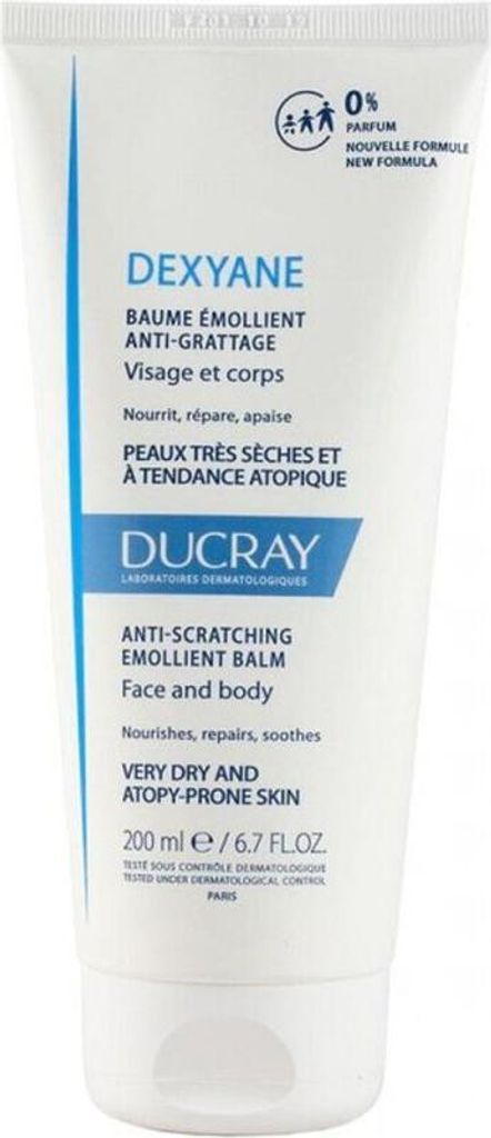 A white tube of Ducray Dexyane Anti-Scratching Emolient Balm.
