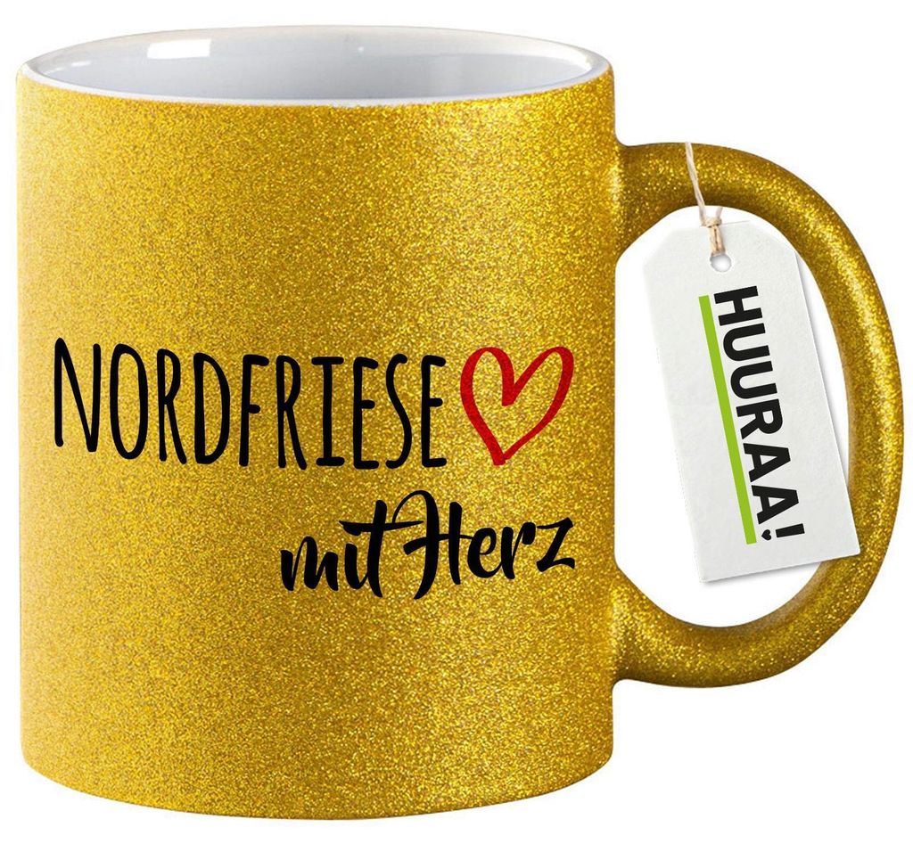 Huuraa Glitzertasse Nordfriese mit Herz 330ml Gold Keramik Kaffeebecher Geschenkidee