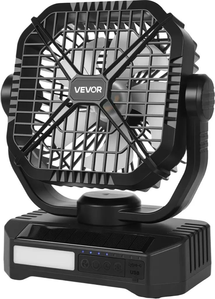 Ventilateur Solaire 4 Vitesses avec Lanterne LED et Batterie 10400mAh
