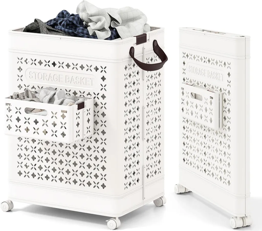 Panier à linge en plastique PP blanc 75L étanche avec roues fluides