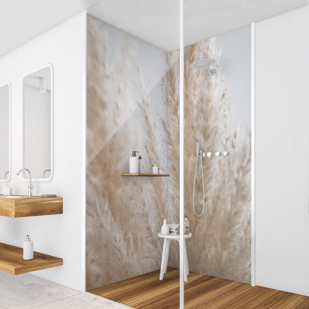 Duschrückwand mit Motiv selbstklebend - 0.35 mm Wandpaneel wasserfest Gräser beige Landhaus Badrückwand fugenlos Smart matt 100x190 cm