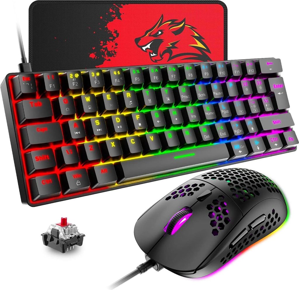 Tastatur-Maus-Sets, Kompakt 62 Tasten, Typ C Wired, 19 Hintergrundbeleuchtung Gaming-Tastatur + 6400 DPI RGB Maus + Mauspad, UK Layout für PC,Laptop
