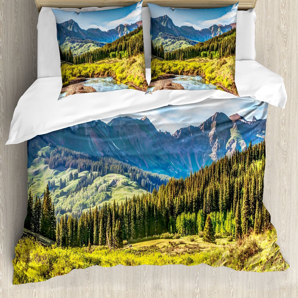 ABAKUHAUS Landschaft Bettbezug, Berg Forest River, Milbensicher Allergiker geeignet mit Kissenbezügen, 155 cm x 220 cm - 80 x 80 cm, Mehrfarbig