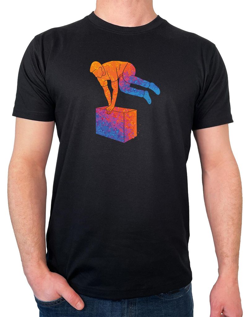 Huuraa Herren T-Shirt Parkour Freerunning bunte Silhouette XL Black Bio Baumwolle Fairtrade Herrenshirt Geschenkidee