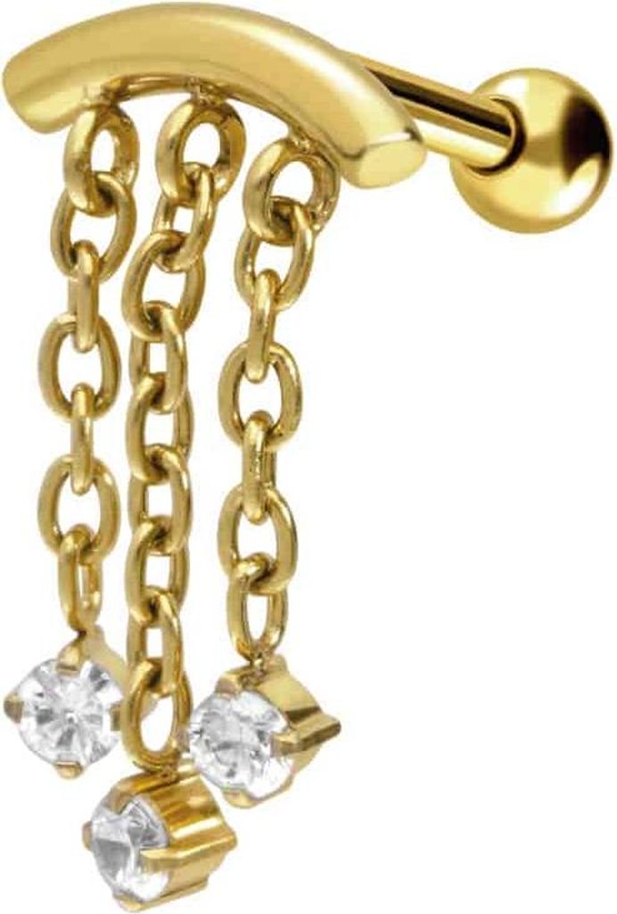 Ohrpiercing Chirurgenstahl Ohrpiercing BOGEN + 3 KETTEN + 3 KRISTALLE Gold Designgröße: 10 x 16mm
