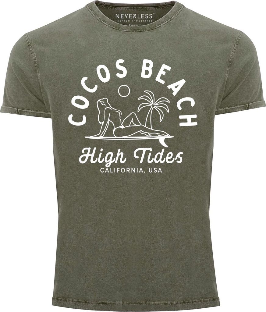 Cooles Angesagtes Herren T-Shirt Vintage Shirt Line Art Outline Cocos Beach Aufdruck Used Look Slim Fit Neverless oliv XXL
