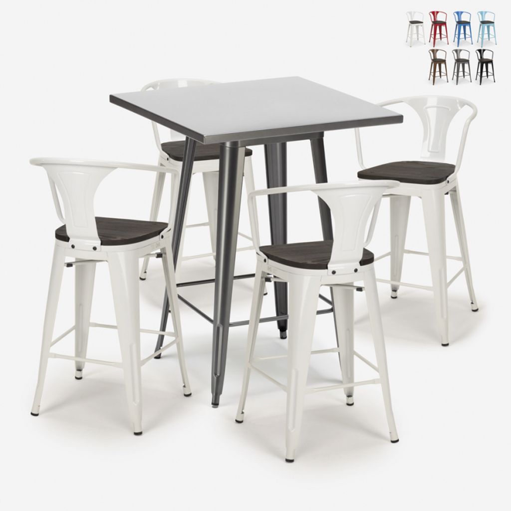 set hoher tisch 60x60cm 4 hocker holz metall bucket wood - Weiß