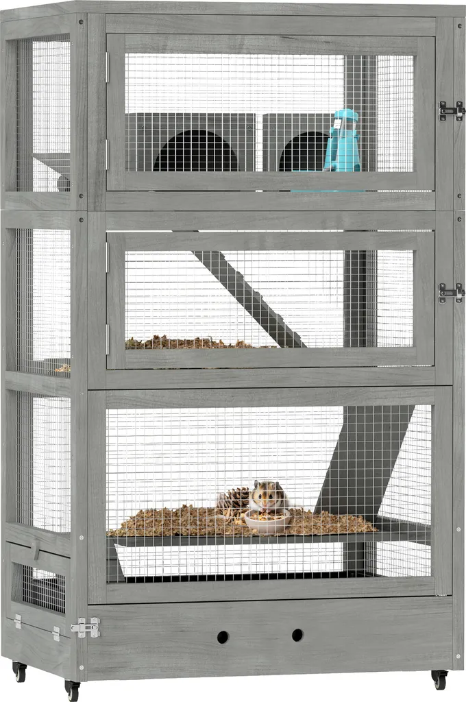 Grande Cage Bois Hamsters 4 Niveaux 65x45x109cm Gris avec Accessoires