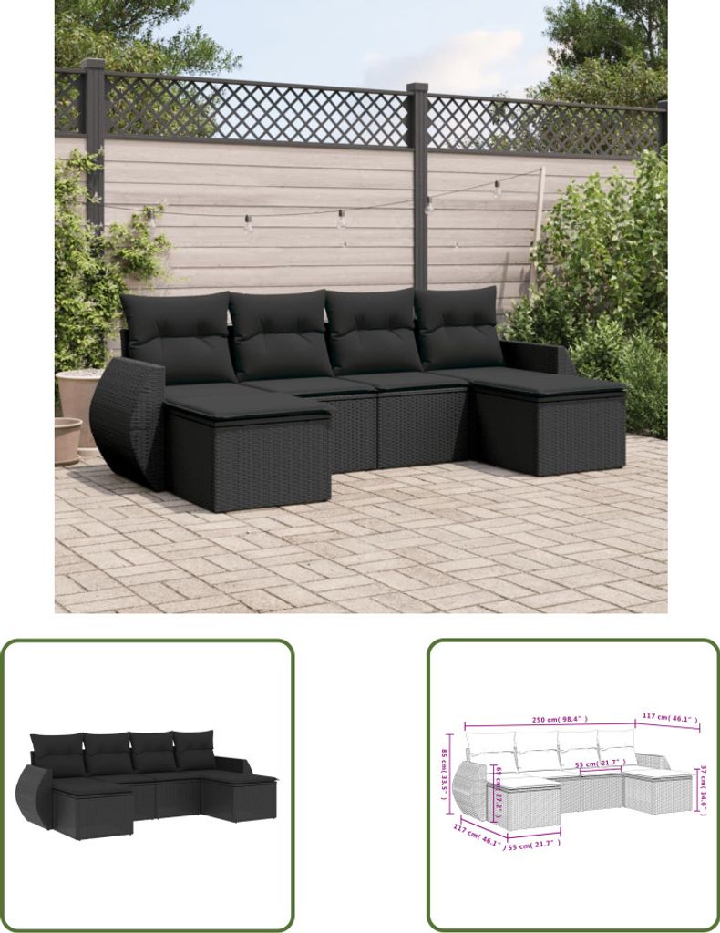 The Living Store 6-tlg. Garten-Sofagarnitur mit Kissen Schwarz Poly Rattan