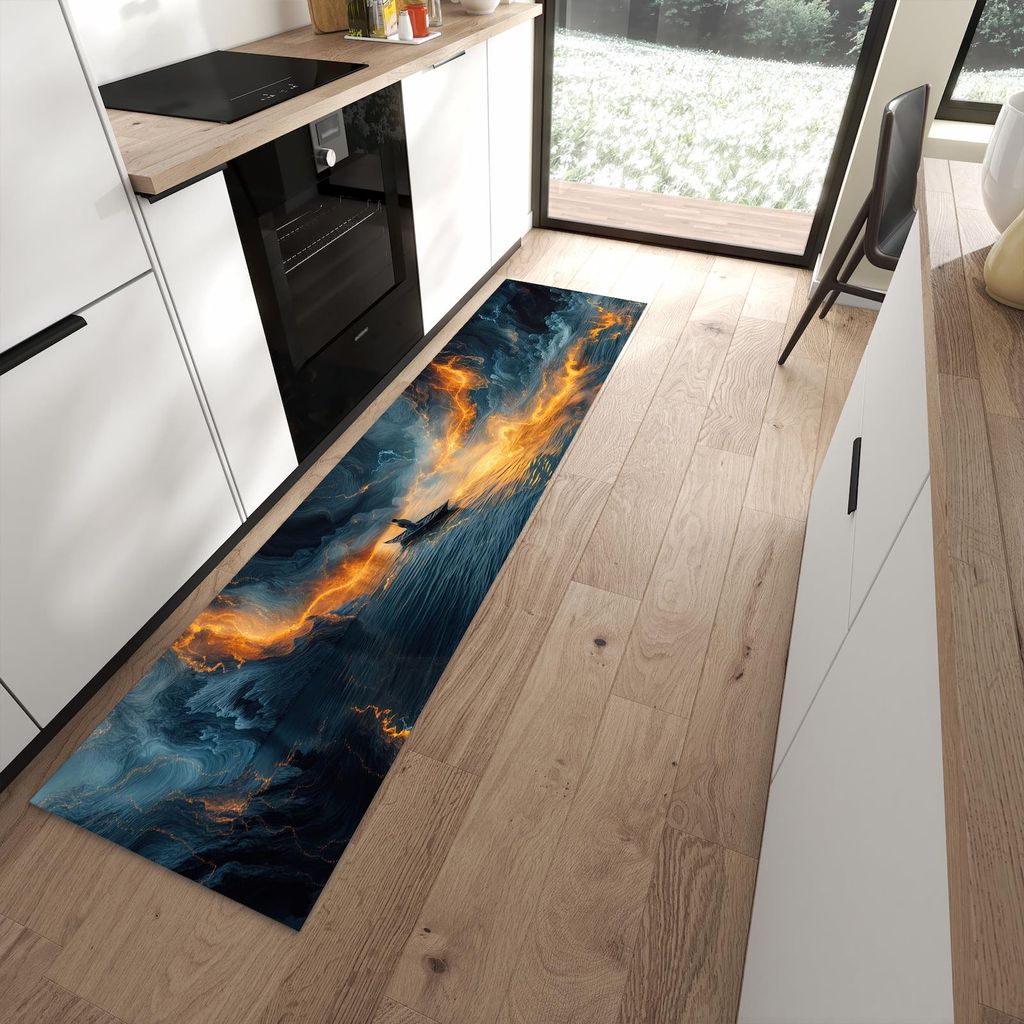 Küchenteppich 60x240cm rutschfest & abwischbar PVC Läufer - Feuer und Wasser