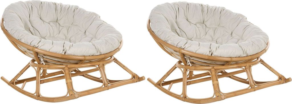 BELIANI Schaukelstuhl 2er Set Natur / Beige aus Rattan mit Kissen Boho Stil Indoor Outdoor