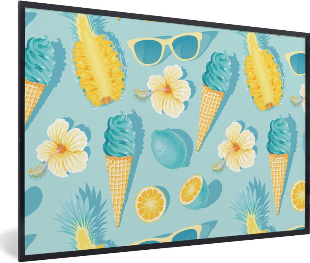 MuchoWow Gerahmtes Poster Sommer - Obst - Blumen - Blau 90x60 cm - Poster mit Schwarzem Bilderrahmen Wandposter Rahmen Foto Bilder - Fotorahmen -...
