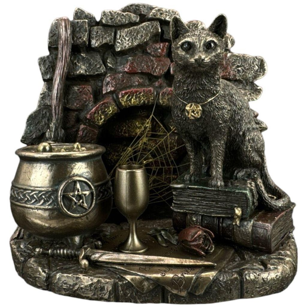 Hexen Katze Figur WU77899A4 Gothic Hexen Deko Katze mit Kessel Fantasy Hexenfigur Geschenkidee Sammlerfigur