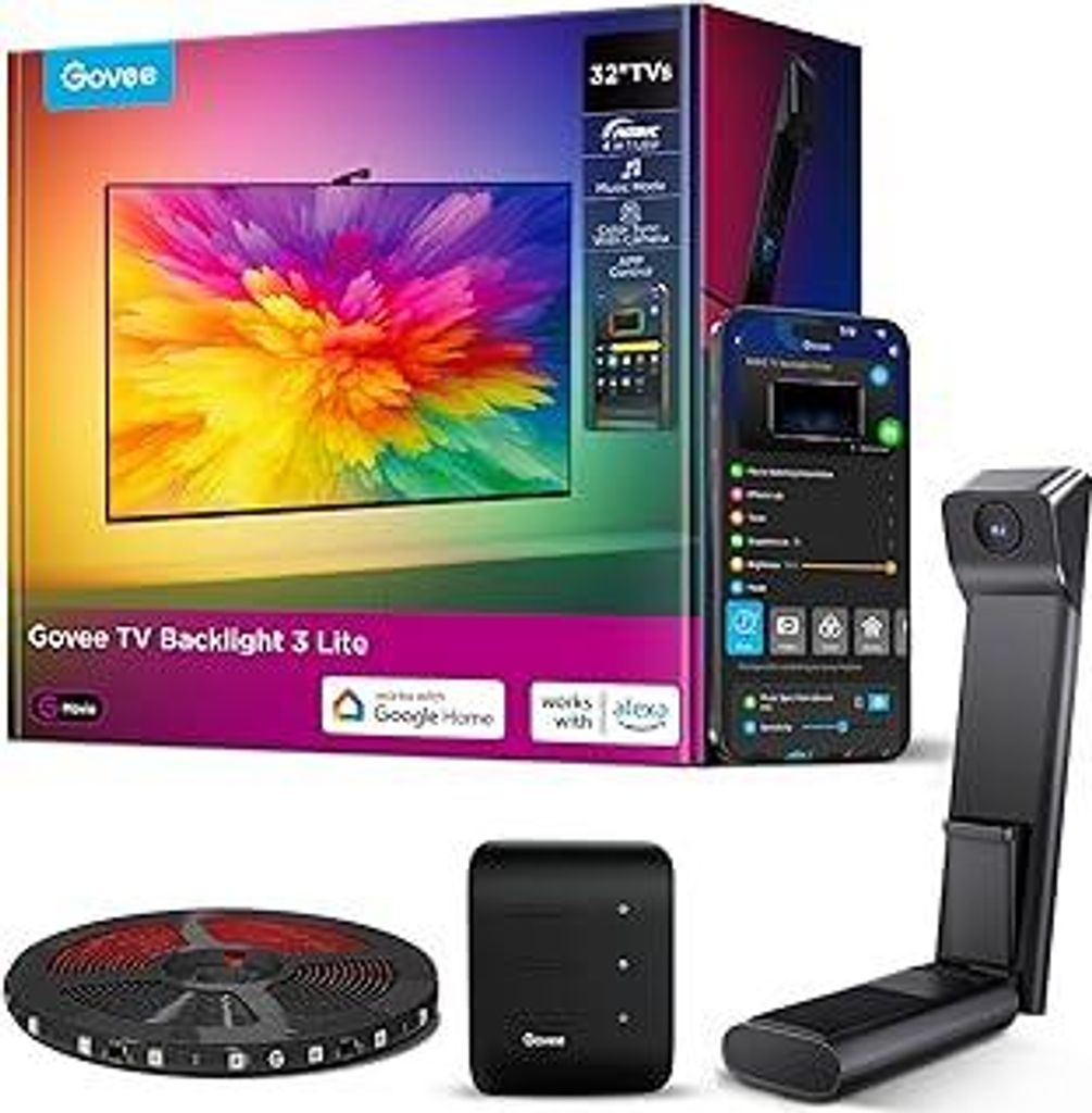 Govee RGBWIC TV Hintergrundbeleuchtung 3 Lite mit Fish-Eye Korrekturfunktion Sync für 32 Zoll TVs, 1.8M Wi-Fi TV LED Strip mit Kamera, 4 Farben in...