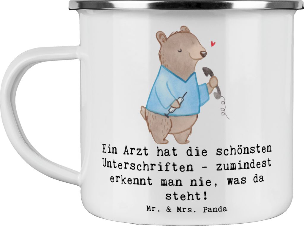 Mr. & Mrs. Panda Pott Arzt Unterschrift - Weiß - Geschenk, Campingbecher, Emaille Tasse, Berufspassion, Unterschriften, personalisierte Geschenke,...