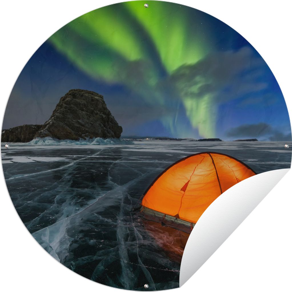 MuchoWow Gartenposter Outdoor-Poster Rund Nordlichter - Zelt - Eis - Skandinavien Ø 60 cm Gartendeko Rundes Poster draußen