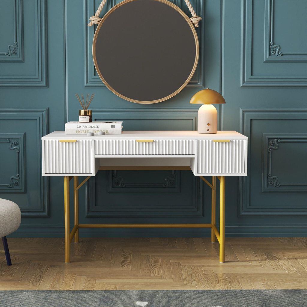 Weiss Schreibtisch Frisiertisch Mehrfach-Schubladen 121x60x76 cm PVC MDF + PB MDF Metallfuesse Dreifach-Schubladenschiene Buero Wohnzimmer Stauraum