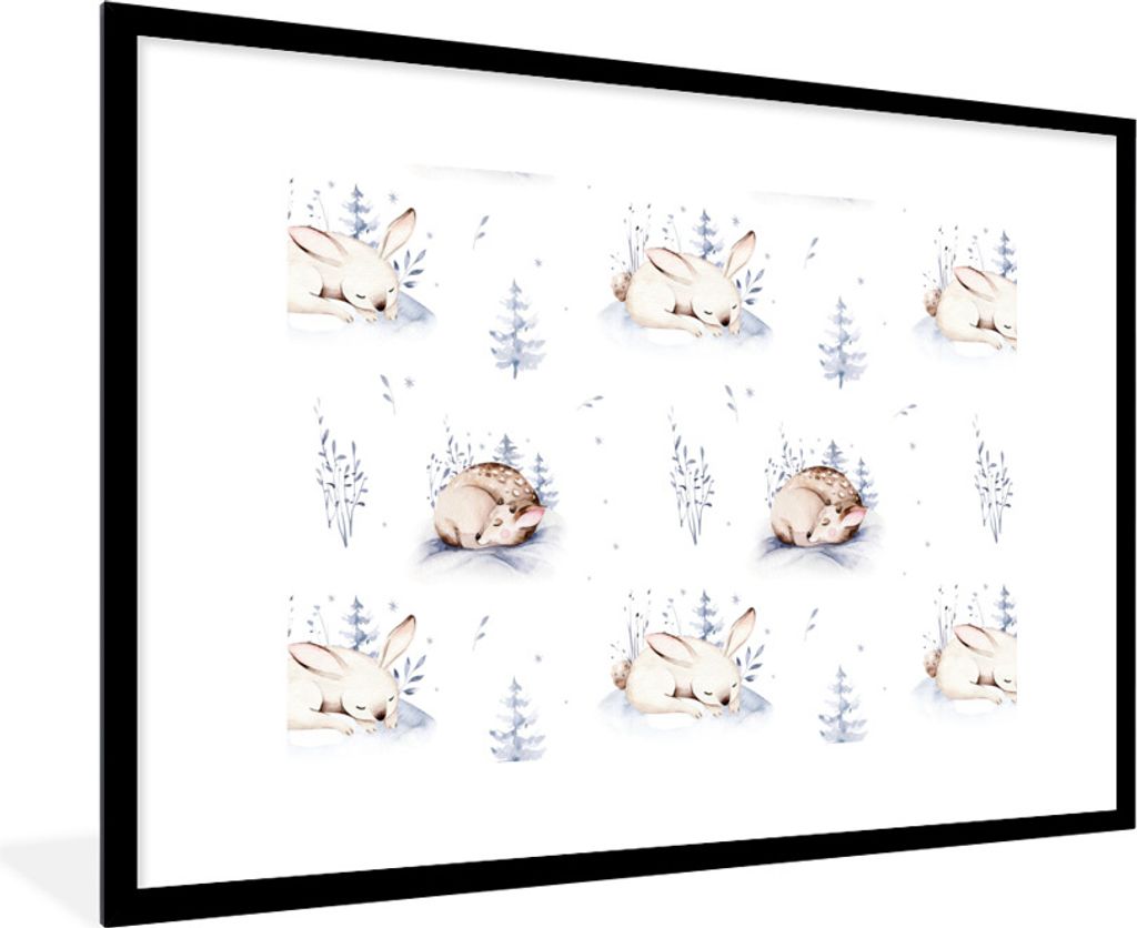 MuchoWow Gerahmtes Poster Winter - Hasen - Rehe 90x60 cm - Poster mit Schwarzem Bilderrahmen Wandposter Rahmen Foto Bilder - Wanddekoration - Fotos
