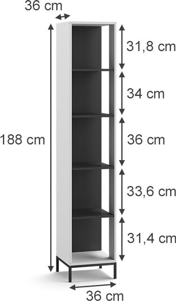 Bücherregal Vicco Eliza Weiß 36 x 188 cm mit 5 Fächern, Produktbild 