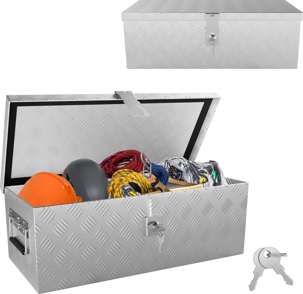 FIVMEN Aufbewahrungsbox Alubox 600x260x200 mm, Aluminium Werkzeugkiste mit Schloss und 2 Schlüsseln, Robuste abschließbare Deichselbox (Silber)