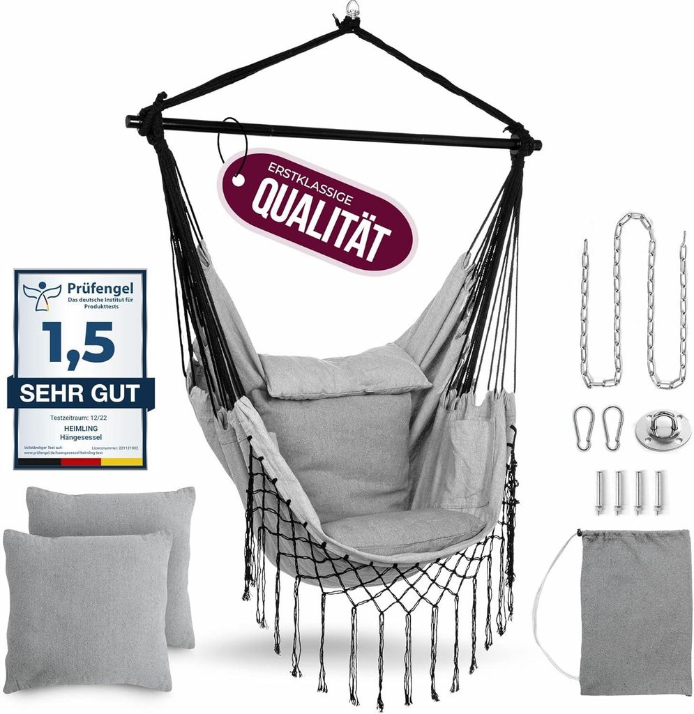 A grey hanging chair with accessories, presented against a white background.
