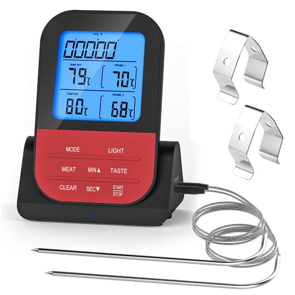 Digital Grillthermometer Fleisch Thermometer BBQ Bratenthermometer Funk 2-Fühler 