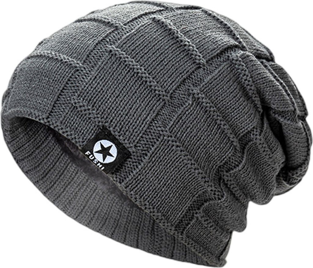 Herren-Strickmütze für Herbst und Winter, Sternenmuster, randlos, Fleecefutter, dicke, weiche und dehnbare Strickmütze, Streetwear