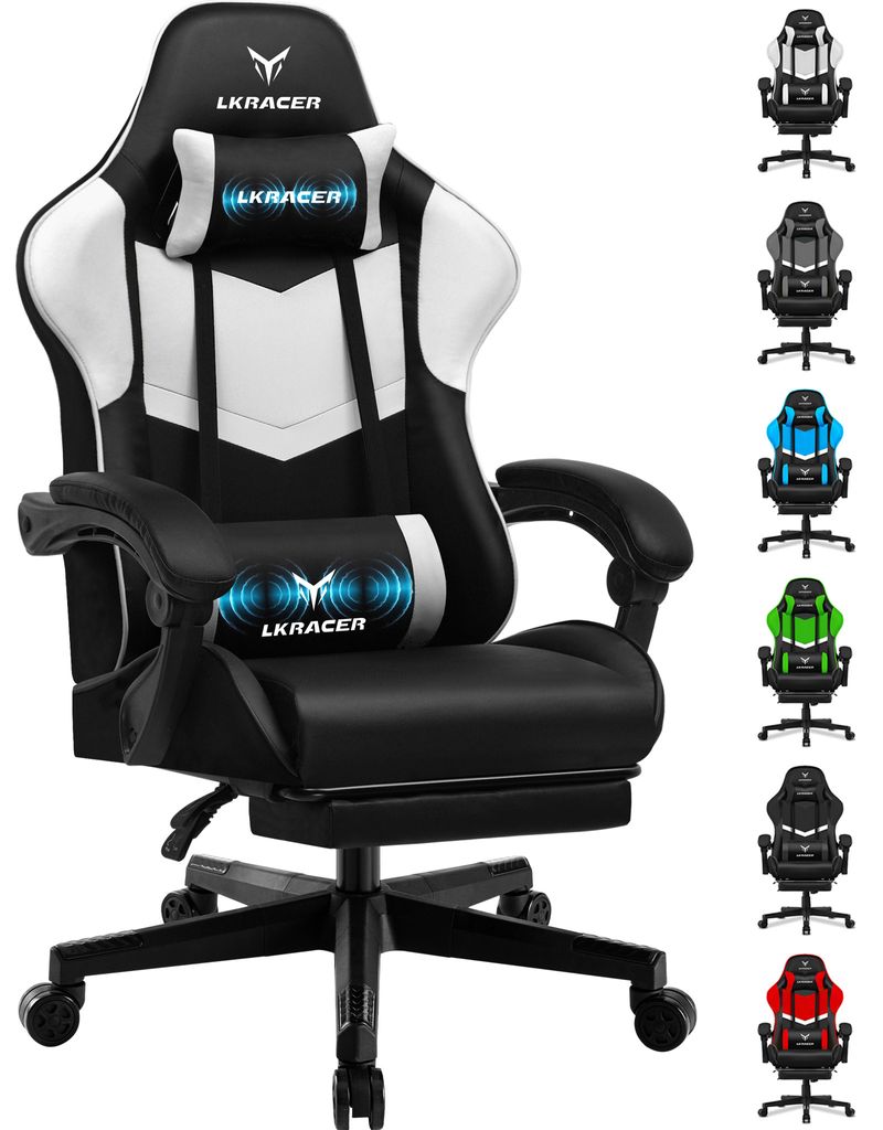 LUCKRACER Gaming-Stuhl Gaming Chair Bürostuhl Ergonomisch mit Lendenkissen Kopfkissen, Höhenverstellbarer Gamer Stuhl 150kg Belastbar, Fußstütz...