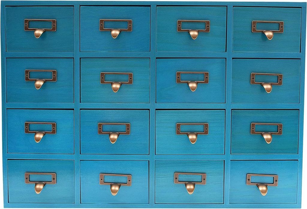 Apothekerschrank - Schubladenschrank mit 16 Schubladen - Holz & Metall - Rustikal - Für Kräuter & Kleinteile - Zum Selbstaufbau - Blau
