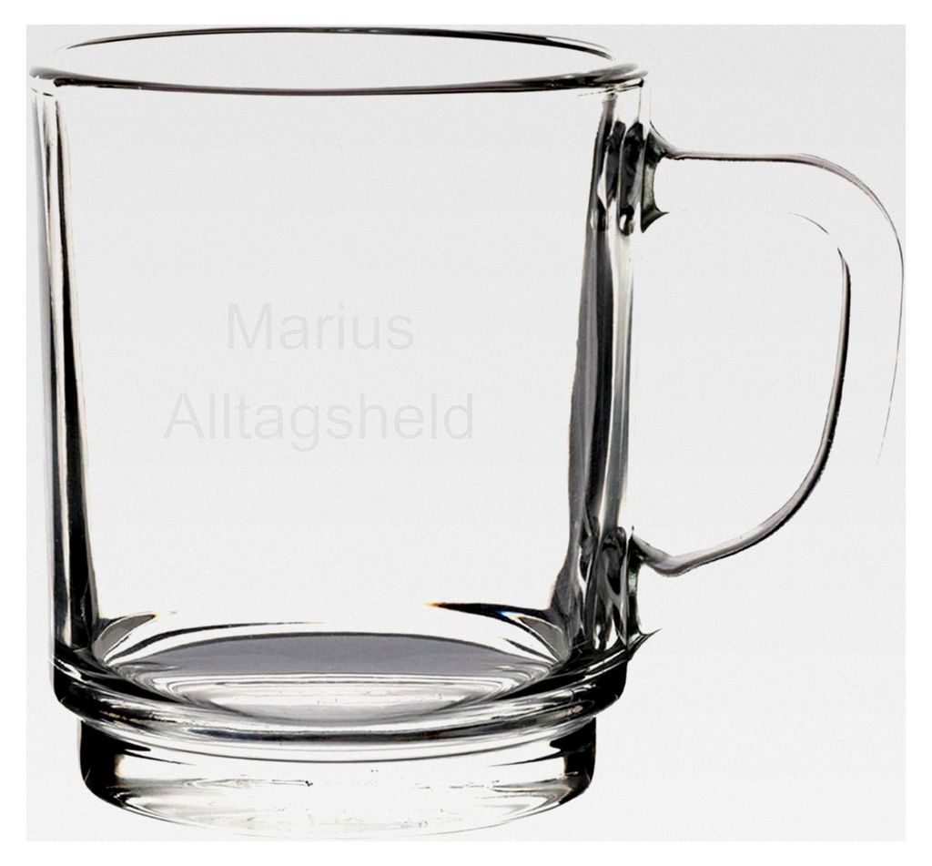 Personalisierte Glastasse mit Gravur, Kaffeeglas mit Beschriftung, Individueller Glasbecher mit Henkel, Geschenke für Mitarbeiter, Kunden & Freund...