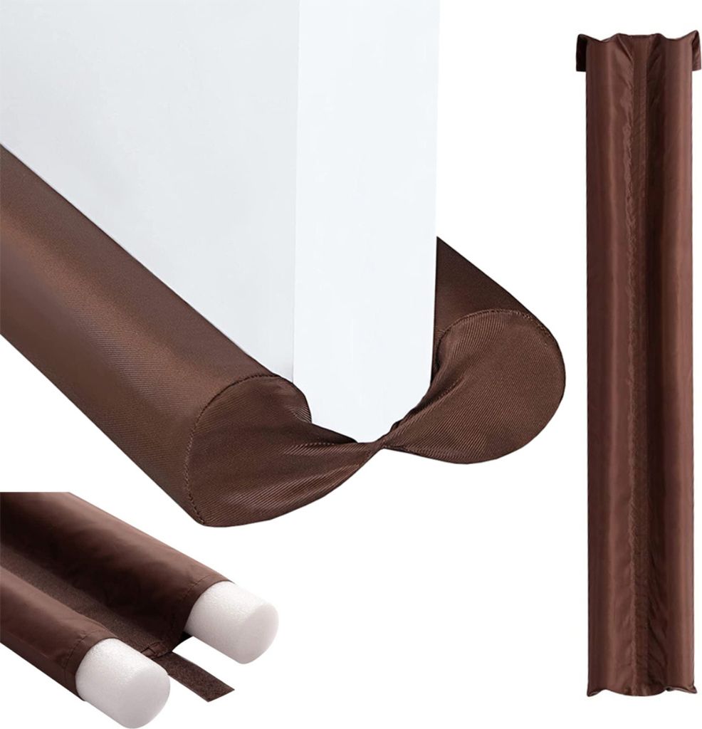 A brown door draft stopper is shown in multiple views, including attached to a door and as a standalone item.