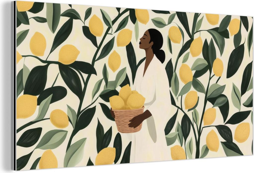 MuchoWow Wanddekoration Metall Metallbild Wandkunst 80x40 cm Frau - Korb - Zitronen - Blätter MuchoWow Aluminium Gemälde - Wanddekoration - Alubild
