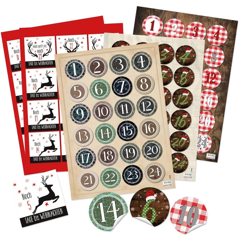 Adventskalenderzahlen Set - 4 x 24 Aufkleber zum Basteln von DIY Adventskalendern