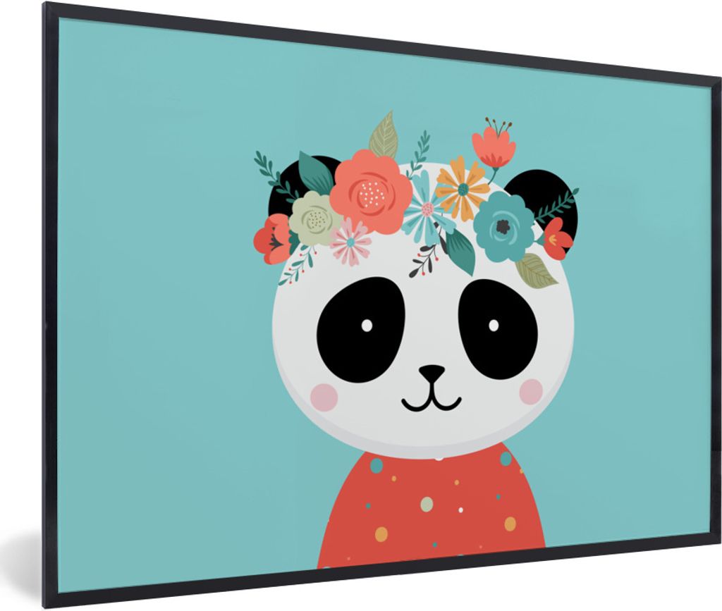 MuchoWow Gerahmtes Poster Panda - Blumengirlande - Blau 60x40 cm - Poster mit Schwarzem Bilderrahmen Wandposter Rahmen Foto Bilder - Printing - W...